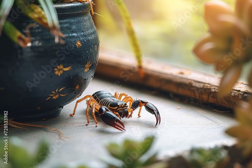 A menacing scorpion lurks near a pot of delicate plants, its invertebrate body ready to strike against any unsuspecting pests like a fierce arthropod defending its territory from an insect-like wasp