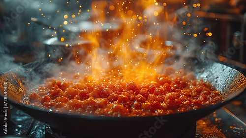 Sizzling tomato sauce in a pan with steam and splattering oil, capturing the action of cooking.