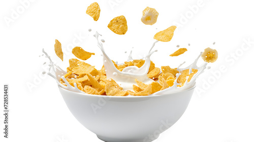 Corn flakes with milk splash in white bowl isolated on white background 
