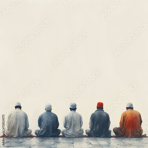 People praying in congregation at a mosque isolated on white background, minimalism, png 