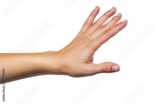 Woman hand holding grabbing or measuring something isolated on white background, with clipping path. Five fingers. Full Depth of field. Focus stacking. Generative AI