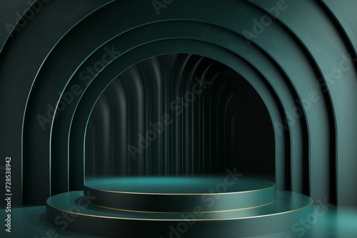 Two round podium platform stand for beauty product presentation with semi circles layers scene. Abstract minimal stage showcase stand with golden decorated arch on dark green background