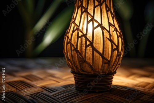 A bamboo lamp placed on a table. Suitable for adding a natural touch to any interior design
