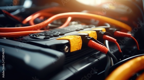 A detailed view of a car battery with cables. Suitable for automotive-related projects and articles