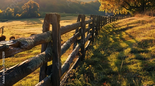 A wooden fence stands in the midst of a green field under the summer sky, surrounded by trees and a gate, creating a picturesque countryside scene. For use as background image ideas
