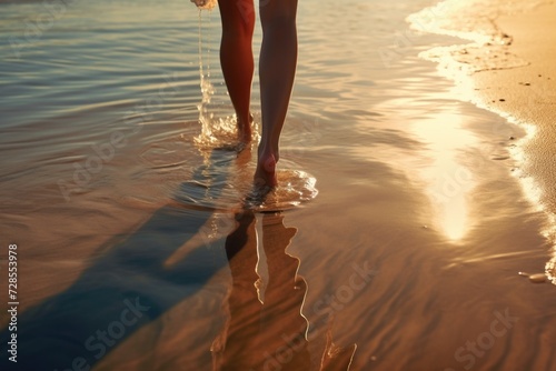 A person standing in the water on a beach. Perfect for travel and vacation themes