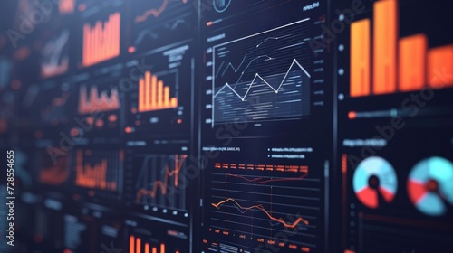 A close-up view of a bunch of graphs displayed on a wall. This versatile image can be used to represent data analysis, business reports, financial growth, market trends, or statistical research