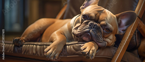 Funny relaxing chilling animal banner background - Energyless, lazy french bulldog lies on chair