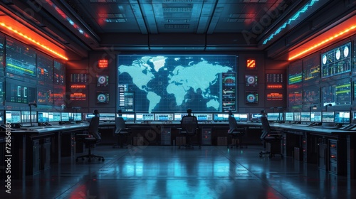 "Salle de contrôle futuriste avec écrans affichant une carte mondiale et panneaux de données, ambiance high-tech et mystérieuse."