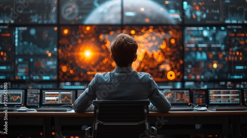 "Personne à un bureau de contrôle, écrans graphiques, affichage central d'une planète : ambiance high-tech et science-fiction."