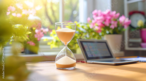 hourglass with sand halfway through on a bright table with flowers and a tablet in the background, suggesting time management and work-life balance