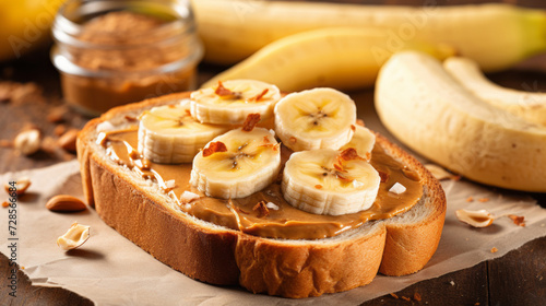 close up of a peanut butter toast with banana slices 