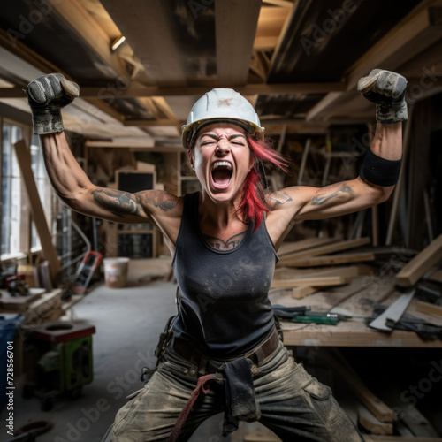 A tattooed female construction worker with a hardhat celebrates triumphantly in a wood workshop environment