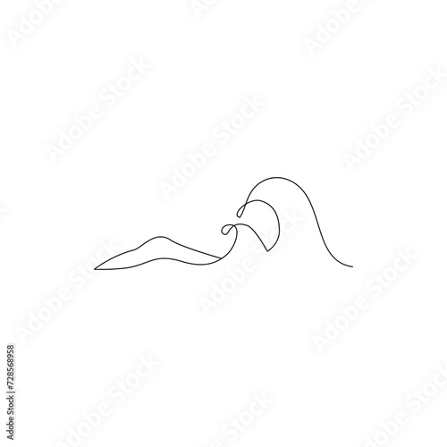 Sea waves, mountain one line drawing art. Abstract wave, tropical island continuous line.