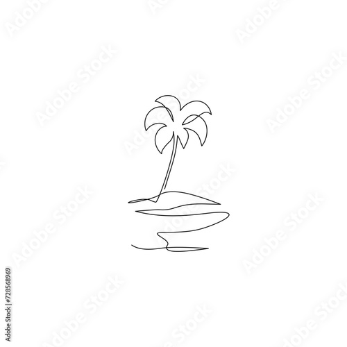 Palm tree, mountain, sea one line drawing art. Abstract tropical island continuous line.