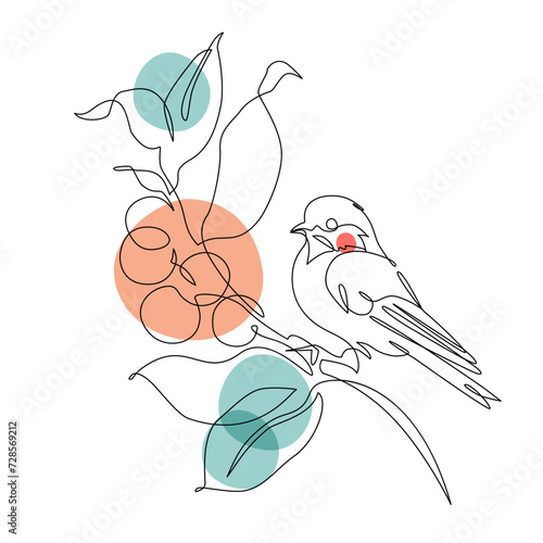 Abstract small bird perched on berries tree branch. Bird on a branch continuous one line drawing