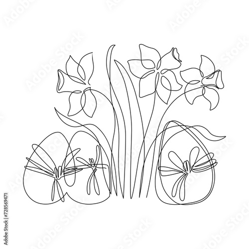 Abstract eggs, blooming narcissus flower background. Easter continuous one line drawing