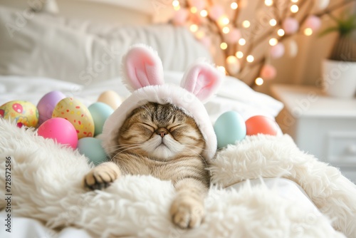 A charming cat dozes off wearing bunny ears, enveloped by an array of speckled Easter eggs and soft, glowing lights.