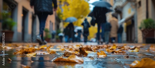 Blur obscures faces as people walk by with rain gear and leaves litter the wet sidewalk of a Udine alley on a rainy autumn day.