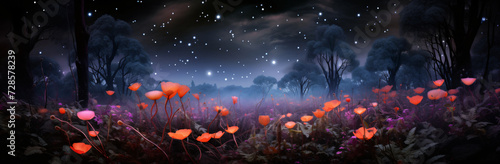 forest of poppies at night, in the style of color splash, light magenta and orange, photo-realistic landscapes