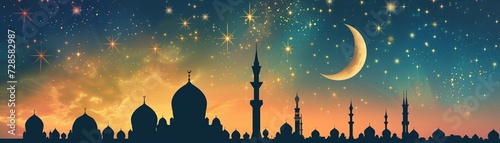 Illustration featuring a crescent moon in the night sky above a mosque, background image, generative AI