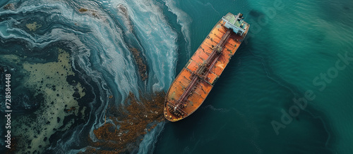 Top view of a tanker with spilled oil