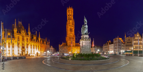Panoramic view of Tower Belfort on Market Square at night, Bruges, Belgium