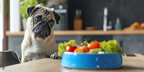 pug and a blue bowl full of pieces of vegetables on the background of a modern kitchen