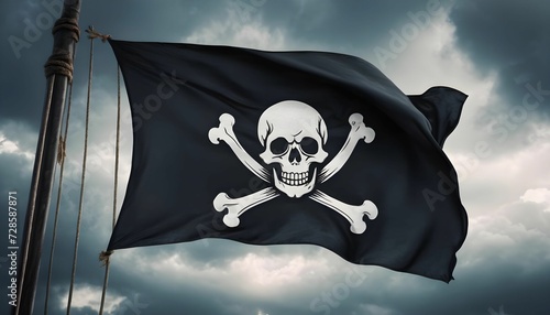 Pirate black flag with skull and bones waving in the wind, cloudy sky background, jolly roger symbol, dark mysterious hacker and robber concept created with generative ai