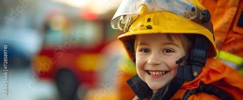 Close up potrait of a little boy imagines to be a firefighter wearing safety uniform and helmet. smiling looking at camera with firetruck blurred background. future, copy space, half body, mockup.