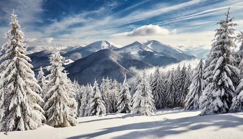 winter landscape of mountains in snow in fir forest