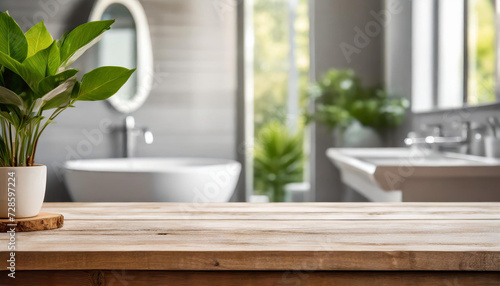 empty brown wooden tabletop for product display on blurred bright bathroom interior background