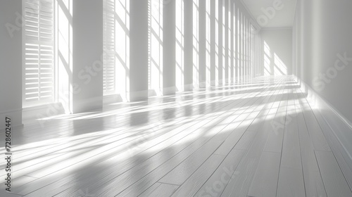 The 3D rendering shows a white room with a wood plank floor surrounded by a rhythm of shadows cast from the sun originating from the wall. The perspective shows a minimal design perspective.