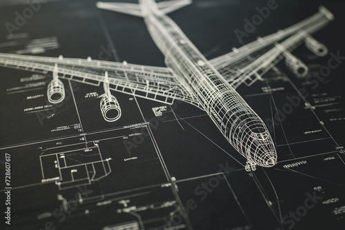 Technical drawing plans of an airplane drawn in white lines on a black background. Blue prints