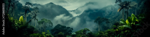 panoramic view of a tropical rainforest landscape in a foggy day - forest degradation and conservation of the Amazon rainforest concept