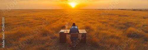 A man works out in an open midwestern field, he sits at a desk with a computer and a cup of coffee, it is sunrise, the man is dressed in business professional clothing, crop insurance metaphor
