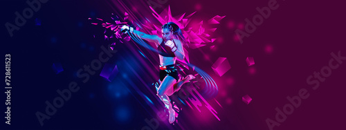 Banner. Young woman, professional boxer training attack technique against gradient blue-pink background with neon elements. Concept of professional sport, competition, energy and power. Ad