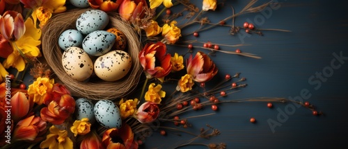 Easter painted eggs in nest and tulip flowers for festive holiday on dark background. Greeting card with copy space. View from above. Banner.