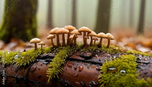 Autumn seasonal background, little mushrooms growing on a tree trunk in wet moss and fallen leaves, on forest floor under rain drops and autumnal sun - Fall season magical ambience created with genera