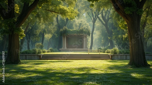 An elegant stage positioned in a tranquil park, framed by ancient trees