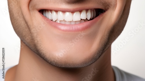 A close up photo of the lower part of a male face. handsome cute smile with very clean perfect teeth. 