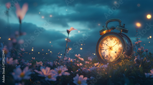Vintage Clock in a Field of Flowers