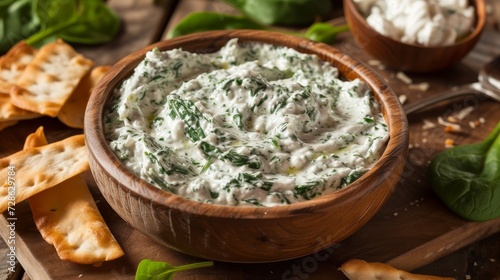 delicious spinach dip in wooden bowl