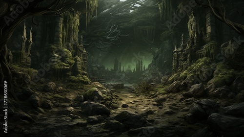 dark fantasy dungeon with trees