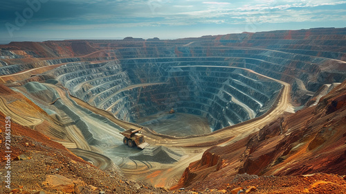 diamond mine, with terraced layers leading deep into the earth, heavy machinery moving earth and rock, under a vast