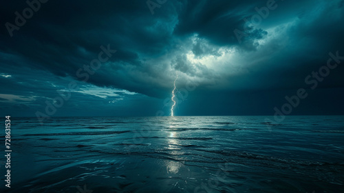 vast ocean under a dark stormy sky, suddenly lit by a magnificent lightning bolt The reflection of the lightning on the water's surface amplifies the scene's intensity, storm