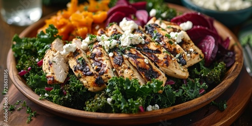 Grilled chicken salad with kale, beets, and goat cheese, Generative AI