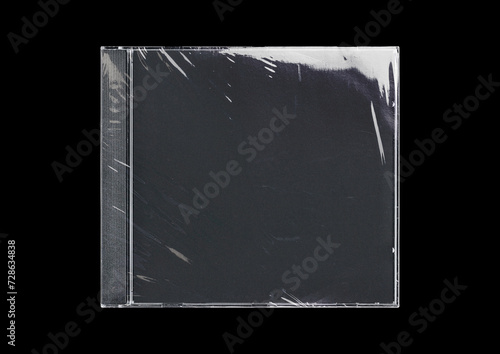 CD disk video case on black background. Isolated music transparent mockup. Clean cover box template.