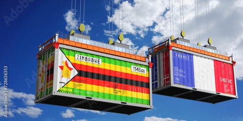 Shipping containers with flags of Zimbabwe and France - 3D illustration