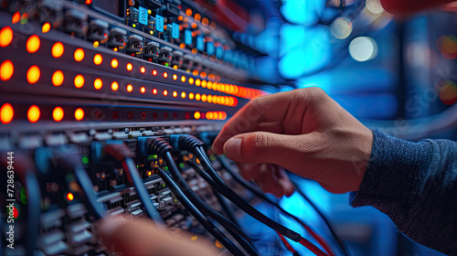 Close-up of a network engineer's hands plugging in cables to a server, focusing on network connectivity and maintenance. 